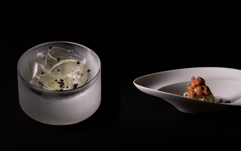 (左)未來魚的樣貌;(右)以海膽混搭冷麵的當代風味。 (左)未來魚的樣貌;(右)以海膽混搭冷麵的當代風味。