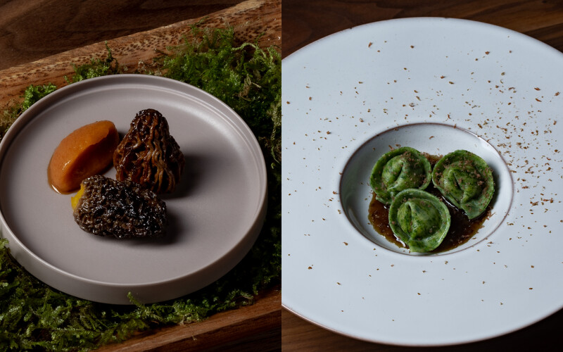 (左)未來菜色的辣羊肚菌;(右)中、義合併的箘菇 Ravioli 佐福菜醬汁。 (左)未來菜色的辣羊肚菌;(右)中、義合併的箘菇 Ravioli 佐福菜醬汁。