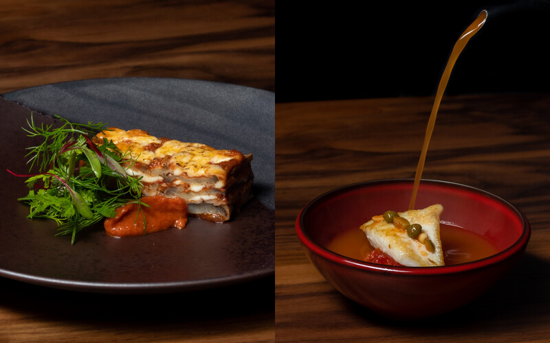 (左)蕃茄纖維熬製千層麵醬汁;(右)蕃茄渣與魚骨熬製高湯。 (左)蕃茄纖維熬製千層麵醬汁;(右)蕃茄渣與魚骨熬製高湯。