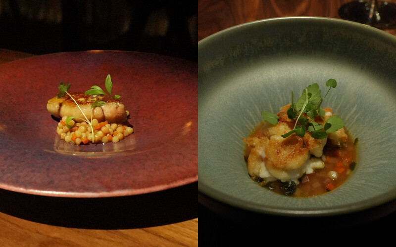 (左)煎鵝肝搭配珍珠米型麵;(右)油脂味豐富的煎白子。 (左)煎鵝肝搭配珍珠米型麵;(右)油脂味豐富的煎白子。