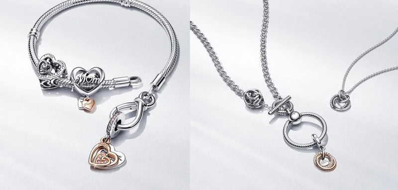 (左)Pandora Moments系列無限結蛇鏈手鏈NT$3,280、交織心意串飾NT$880、交織心意雙層吊飾NT$2,480。 (右) Pandora Moments T字釦O環項鏈NT5,980、永恆親情圓環吊飾NT$2,480、永恆親情圓環吊墜項鏈NT$2,880。 