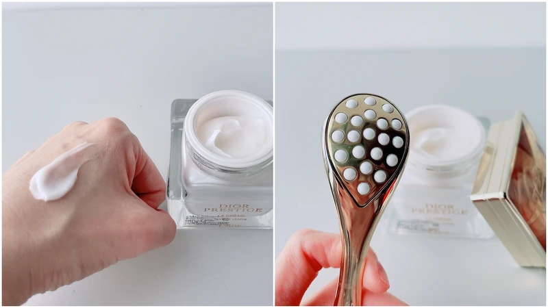 (左)迪奧精萃再生花蜜輕質乳霜，50ML，NTD13,000元、(右)迪奧微導珍珠按摩壓勺，NTD3,200