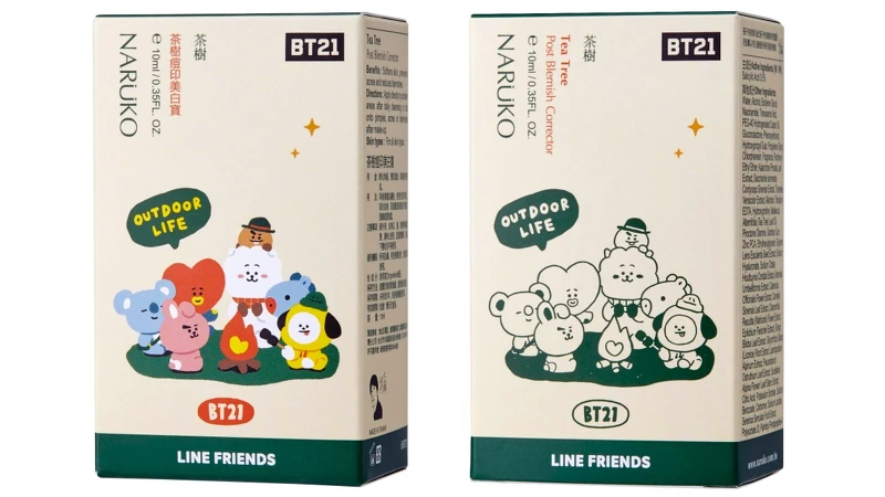 NARUKO茶樹痘印美白寶BT21正反包裝。 NARUKO茶樹痘印美白寶BT21正反包裝。