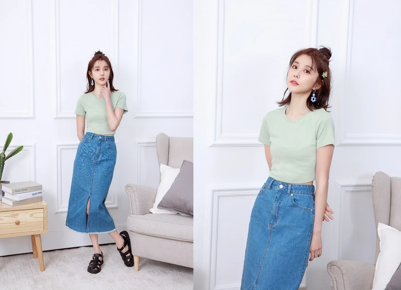 純棉迷你T恤NT390、牛仔開叉合身中長裙NT790、廓爾喀編織涼鞋NT890 ,ALL BY GU。 純棉迷你T恤NT390、牛仔開叉合身中長裙NT790、廓爾喀編織涼鞋NT890 ,ALL BY GU。