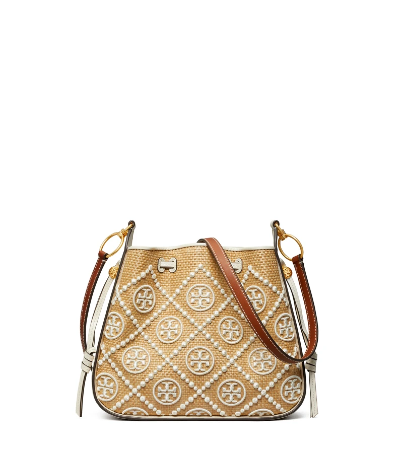 Tory Burch 燕麥米麥稈編織 T Monogram 立體刺繡圖騰風鈴包,NT$23,900