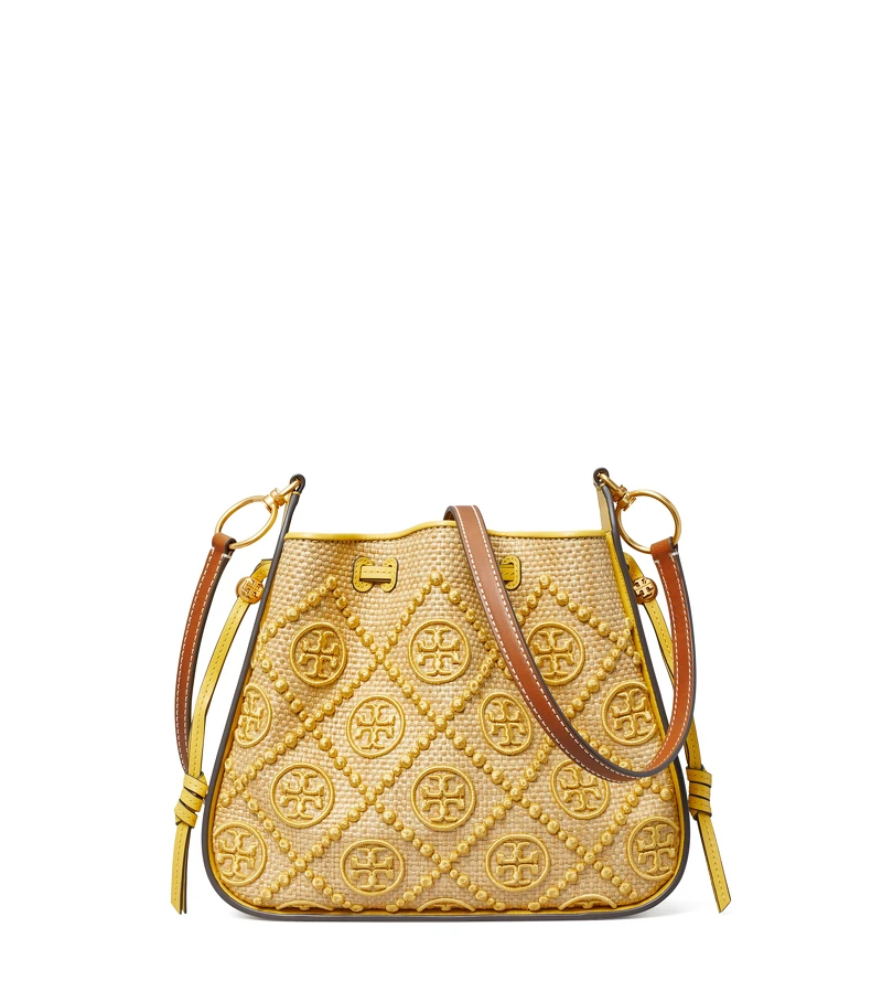 Tory Burch 日落黃麥稈編織 T Monogram 立體刺繡圖騰風鈴包,NT$23,900