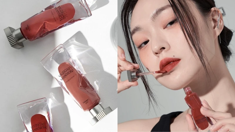 Muzigae Mansion透明顏料罐唇釉形象照與產品情境照。