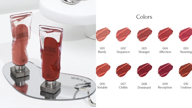 Muzigae Mansion透明顏料罐唇釉產品情境照與顏色示意。