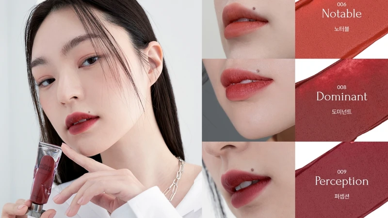 Muzigae Mansion透明顏料罐唇釉形象照與試色照。