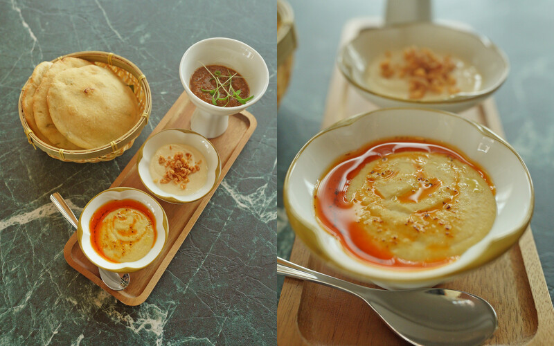 很能代表台灣的 gubami 手作蔥餅。搭配三種醬料,蒜酥辣優格、咖哩肉醬、紅油鷹嘴豆泥。 很能代表台灣的 gubami 手作蔥餅。搭配三種醬料,蒜酥辣優格、咖哩肉醬、紅油鷹嘴豆泥。