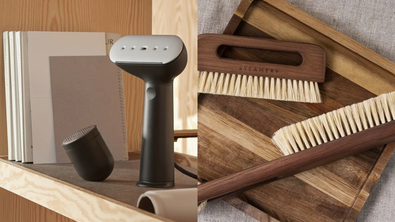 Steamery 新一代掛燙機除毛球機 全方位組合 (黑/杏) 、橡木口袋衣物清潔刷 Steamery 新一代掛燙機除毛球機 全方位組合 (黑/杏) 、橡木口袋衣物清潔刷