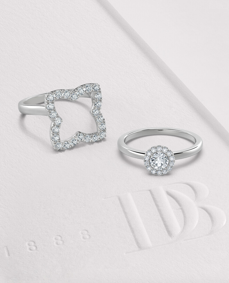 Enchanted Lotus 皇冠式戒指搭配 My First De Beers Aura 圓形明亮式鑽石戒指_情境圖