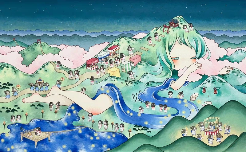 金田涼子《祭禮音樂》夏夜。山的周圍舉行了各種各樣的祭神儀式，與熱鬧的節日一起，描繪了對山的祈禱和對神許願等的樣子。