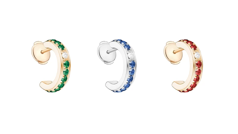 左至右: PIAGET Possession系列18K玫瑰金祖母綠鑽石單圈耳環、18K玫瑰金紅寶石鑽石單圈耳環、18K白金藍寶石鑽石單圈耳環。 左至右: PIAGET Possession系列18K玫瑰金祖母綠鑽石單圈耳環、18K玫瑰金紅寶石鑽石單圈耳環、18K白金藍寶石鑽石單圈耳環。