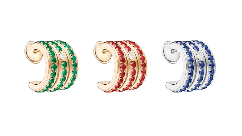 左至右: PIAGET Possession系列18K玫瑰金祖母綠鑽石三圈耳環、18K玫瑰金紅寶石鑽石三圈耳環、18K白金藍寶石鑽石三圈耳環。 左至右: PIAGET Possession系列18K玫瑰金祖母綠鑽石三圈耳環、18K玫瑰金紅寶石鑽石三圈耳環、18K白金藍寶石鑽石三圈耳環。
