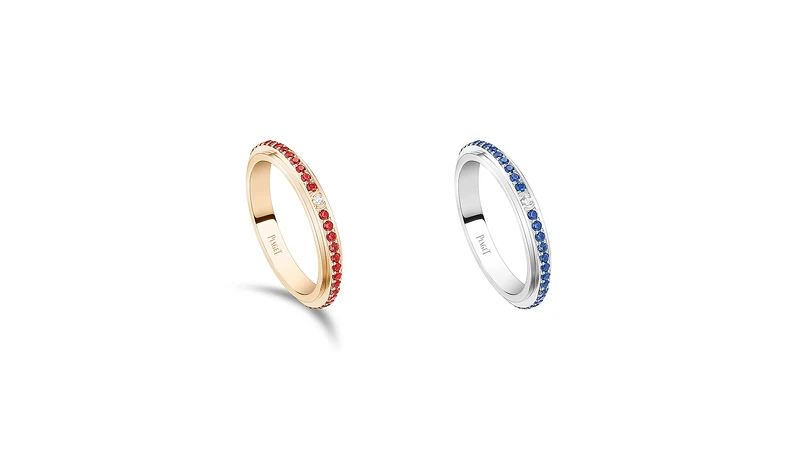 PIAGET Possession系列18K玫瑰金紅寶石鑽石戒指、18K白金藍寶石鑽石戒指。 PIAGET Possession系列18K玫瑰金紅寶石鑽石戒指、18K白金藍寶石鑽石戒指。
