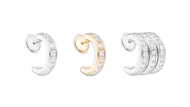左至右:PIAGET Possession系列18K白金鑽石單圈耳環、18K玫瑰金鑽石單圈耳環、18K白金鑽石三圈耳環。 左至右:PIAGET Possession系列18K白金鑽石單圈耳環、18K玫瑰金鑽石單圈耳環、18K白金鑽石三圈耳環。