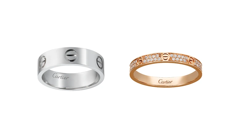 LOVE鉑金戒指、LOVE玫瑰金鋪鑲鑽石戒指(小型款)。 LOVE鉑金戒指、LOVE玫瑰金鋪鑲鑽石戒指(小型款)。