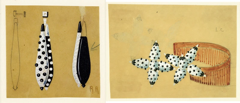 卡地亞檔案文獻中，1925年代一款蘭花髮飾作品水粉畫稿，以白金、縞瑪瑙和鑽石創作。