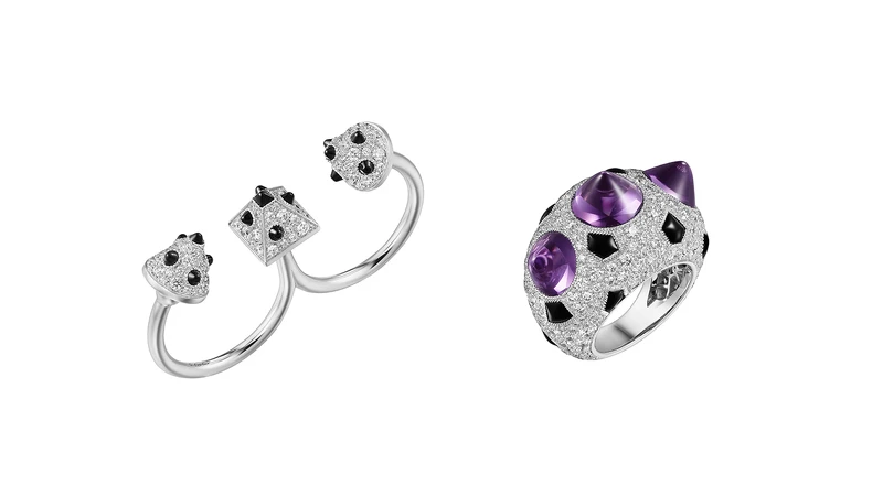 2021年所推出的Clash [Un]limited膠囊系列中的珠寶作品，以縞瑪瑙、紫水晶及鋪鑲鑽石重新演繹卡地亞自20年代風行至今的飾釘造型。