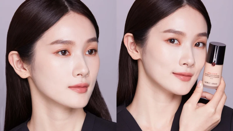 亞曼尼超持妝絲絨水慕斯粉底模特兒完妝。