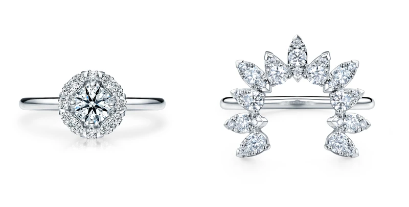 (左)Aerial系列Marquis Halo鑽石戒指,主鑽0.30ct起。(右)Aerial系列Sunburst鑽石戒指。 (左)Aerial系列Marquis Halo鑽石戒指,主鑽0.30ct起。(右)Aerial系列Sunburst鑽石戒指。