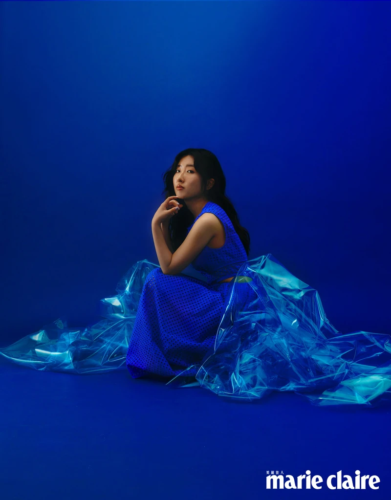 藍色腰間鏤空設計洋裝，Self-Portrait。