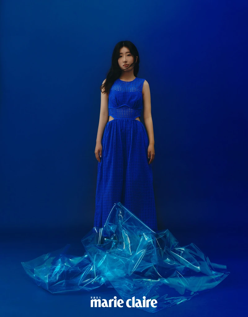 藍色腰間鏤空設計洋裝，Self-Portrait。