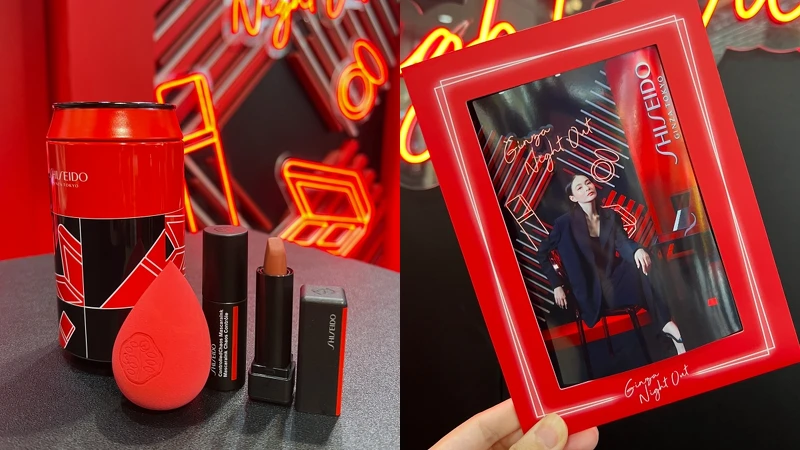 資生堂「銀座訂製啤酒瓶美妝組」，內含銀座訂製啤酒收納瓶、銀座訂製美妝蛋、摩霧唇膏2.5g、 防水睫毛膏4ml、個人專屬相框。