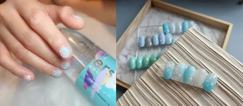 超級夏天的美甲色調組合,交錯讓整體看起來既清爽又超有氣質,完成後妝點在甲面上的立體透明水滴更是清涼的感覺 超級夏天的美甲色調組合,交錯讓整體看起來既清爽又超有氣質,完成後妝點在甲面上的立體透明水滴更是清涼的感覺