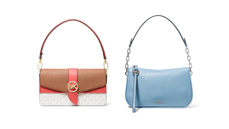 Greenwich 粉色拼接鍊帶包,NT17,500、Jet set charm 淡藍肩背包,NT11,400。  Greenwich 粉色拼接鍊帶包,NT17,500、Jet set charm 淡藍肩背包,NT11,400。