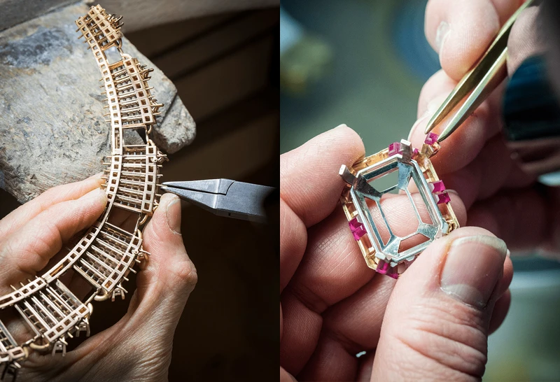 將Mystery Set隱密式鑲軌組裝於項鍊框架中；在包鑲中央主石的框架旁鑲嵌紅寶石。 