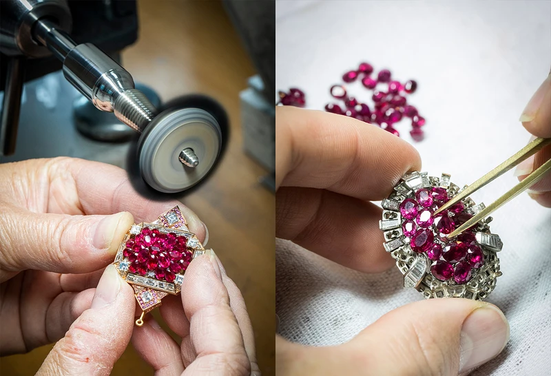 以毛絨軸打磨可拆式Individual Mystery Set隱密式鑲嵌紅寶石圖騰；於可拆式圖騰上鑲嵌Individual Mystery Set隱密式鑲嵌紅寶石。