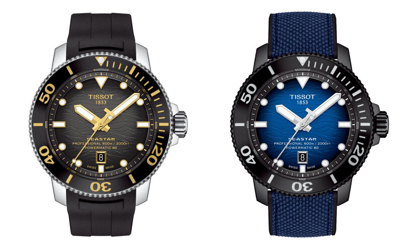 天梭表 Seastar 2000 Powermatic 80專業版腕錶 / 錶面波浪紋飾、一體是黑色橡膠錶帶或可互換雙材料黑色橡膠與藍色織物錶帶，專業潛水錶，通過 ISO 6425 (2018) 認證，最高60巴（600米-2000英尺）防水，配置排氦閥；自動上鍊機械機芯 Powermatic 80 機芯，Nivachron™遊絲。