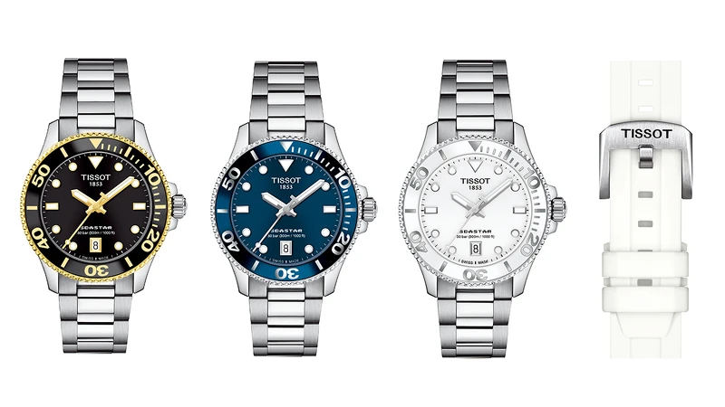 天梭表全新36mm Seastar 1000 石英腕錶配備閃亮的黑色、藍色或白色漆面錶面，輔以黃金或白銀細節，再搭配陽剛氣十足的精鋼錶鏈。防水效能最高可達 30 巴(300 米/1000 英尺)，並配置用於潛水計時的單向旋轉錶圈, 建議售價(左至右)$12300, $12300, $13400