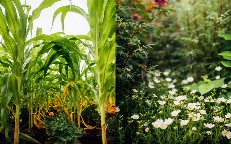 將蟲子不喜歡的芳香萬壽菊和馬齒莧，與香甜的玉米和無花果相伴，共生共榮的混栽方式期盼能永續採收。