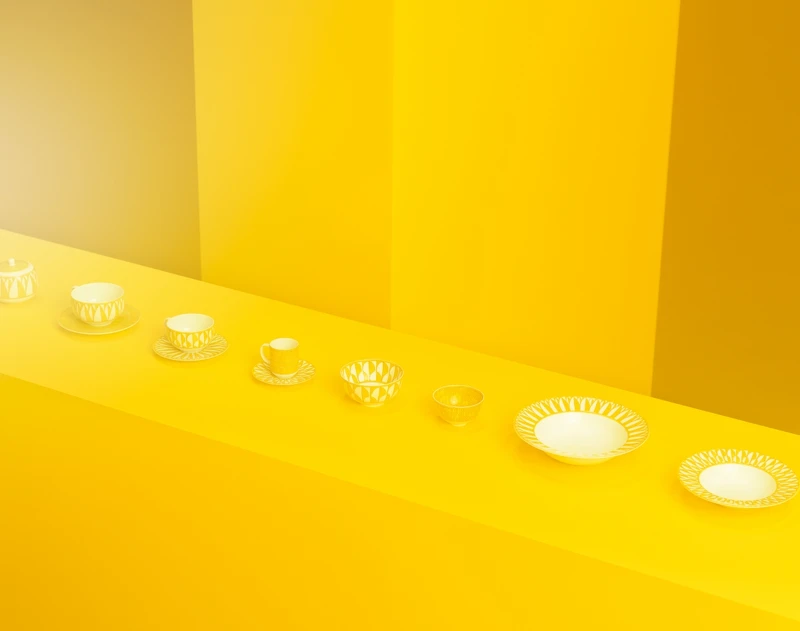Soleil d’Hermès 系列餐具,以明亮的黃色作為色調。 Soleil d’Hermès 系列餐具,以明亮的黃色作為色調。