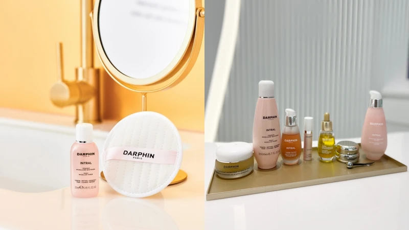 DARPHIN環保卸妝化妝棉1片+全效舒緩淨膚水25ml，以及護膚使用產品。