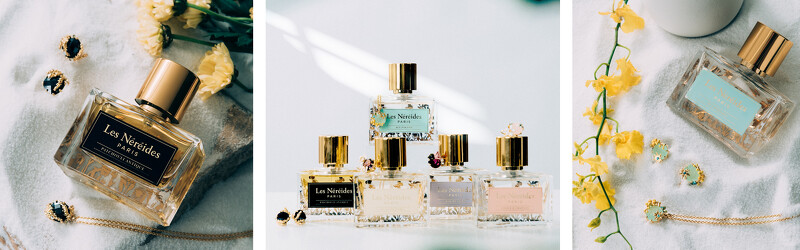 左起：ATCHOULI ANTIQUE古典廣藿香淡香精及系列飾品，基調：廣藿香、雪松、安息香 / Note de C&oelig;ur．恬香絮語全系列 / RUE PARADIS 天堂街12號淡香精及系列飾品，前調：八角、中調：含羞草、基調：檀香木。