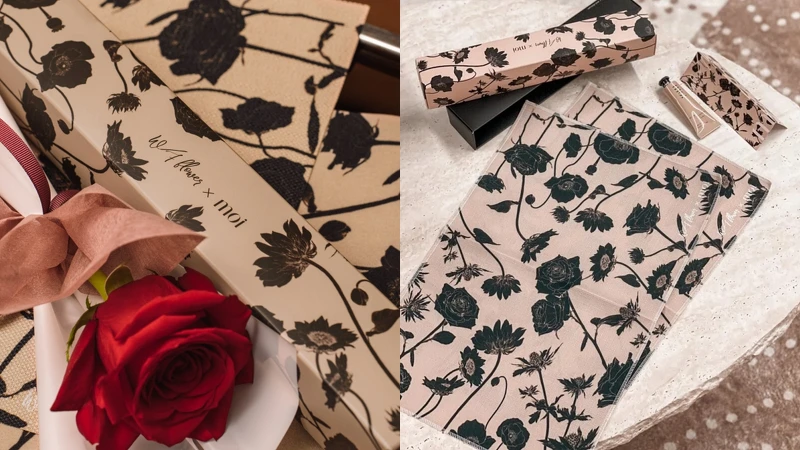 七夕限定香氛居家生活禮盒內附浪花Ｗave Flower獨家訂製花卉餐墊*2、moi抗菌護手霜*1，價錢NT1,880(原價N2,680)。