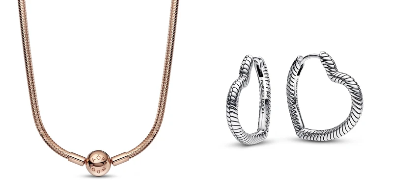 Pandora Moments蛇形項鏈NT9,980、Pandora Moments心形串飾耳環圈NT2,080 Pandora Moments蛇形項鏈NT9,980、Pandora Moments心形串飾耳環圈NT2,080