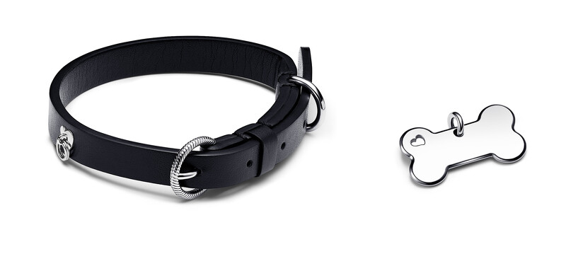 黑色非皮革材質寵物頸圈 NT3,280、骨頭形寵物頸圈飾牌NT1,280