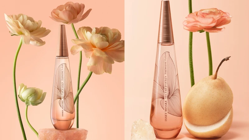 三宅一生ISSEY MIYAKE一生之水初蜜淡香精瓶身與成份情境圖。