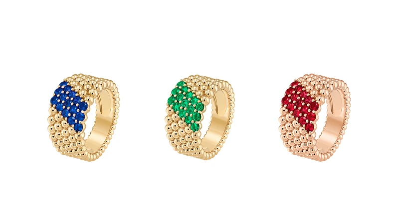 Perlée couleurs 5排圓珠戒指,黃K金鑲嵌藍寶石;黃K金鑲嵌祖母綠;以及玫瑰金鑲嵌紅寶石。 Perlée couleurs 5排圓珠戒指,黃K金鑲嵌藍寶石;黃K金鑲嵌祖母綠;以及玫瑰金鑲嵌紅寶石。