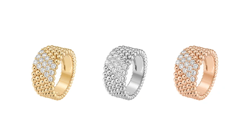 Perlée diamonds 5排鑲鑽戒指,分別以黃K金鑲嵌鑽石;白K金鑲嵌鑽石;以及玫瑰金鑲嵌鑽石。 Perlée diamonds 5排鑲鑽戒指,分別以黃K金鑲嵌鑽石;白K金鑲嵌鑽石;以及玫瑰金鑲嵌鑽石。