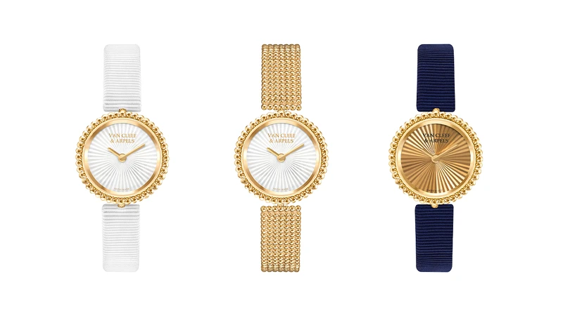 Perlée腕錶, 黃K金、璣鏤飾紋珍珠母貝、瑞士製石英機芯、白色羅緞錶帶;Perlée腕錶,璣鏤飾紋珍珠母貝、瑞士製石英機芯、黃K金錶帶;Perlée黃K金腕錶、璣鏤飾紋縞瑪瑙。 Perlée腕錶, 黃K金、璣鏤飾紋珍珠母貝、瑞士製石英機芯、白色羅緞錶帶;Perlée腕錶,璣鏤飾紋珍珠母貝、瑞士製石英機芯、黃K金錶帶;Perlée黃K金腕錶、璣鏤飾紋縞瑪瑙。