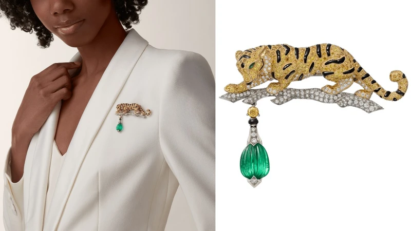 TIGRE PERCHE胸針，一顆5.79 克拉的雕刻哥倫比亞祖母綠，鑽石，縞瑪瑙。