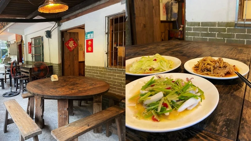 三重橋小吃戶外座位；（左至右）高麗菜、熱炒透抽、炒山豬肉