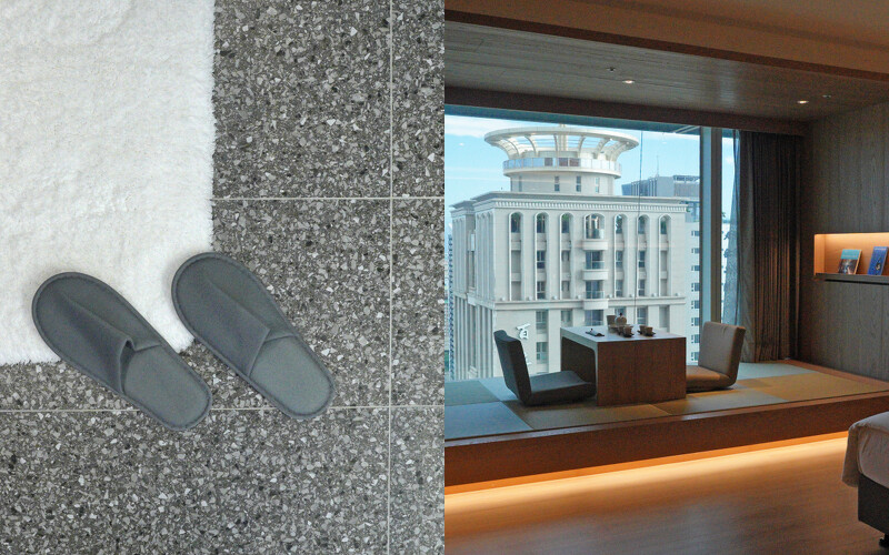 衛浴空間使用大面積的洗石子地板，右圖為和室海景房。