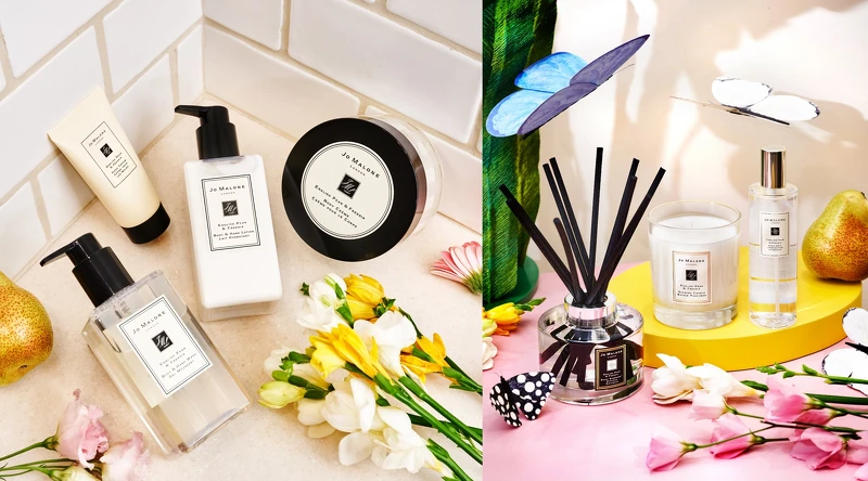 (左)英國梨與小蒼蘭潔膚露、潤膚乳讓每個沐浴保養時刻更加舒心療癒，小巧輕便的護手霜方便攜帶隨時潤澤呵護雙手 / (右)英國梨與小蒼蘭香氛工藝蠟燭及擴香、室內香氛，讓居家空間無時無刻沈浸在質感香氣裡